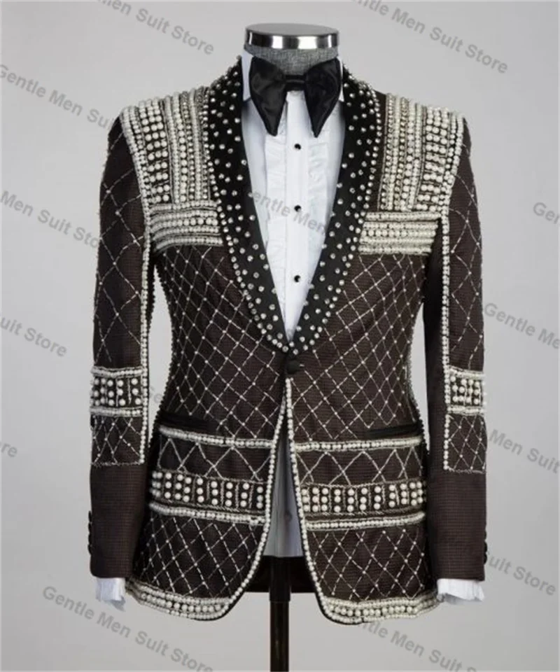 

Brown Houndstooth Men Suit Pants Set 2 Piece Beaded Blazer+Black Trouser Wedding Groom Prom Coat Customized Formal Office Jacket