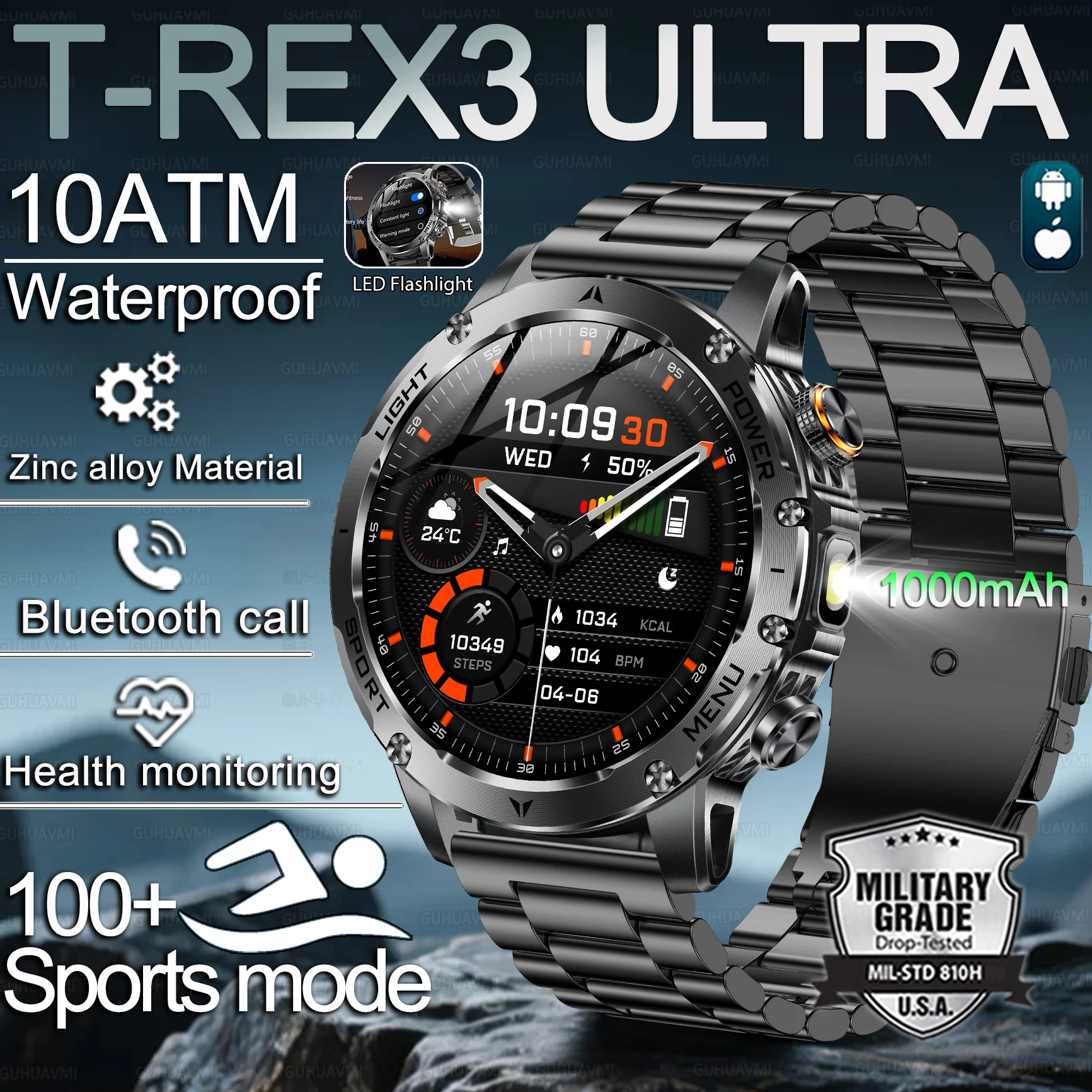 

Новые T-Rex3 военные смарт-часы с аккумулятором 1000 мАч для мужчин AMOLED Sport Fitness светодиодный фонарик IP69K водонепроницаемые HD умные часы для мужчин