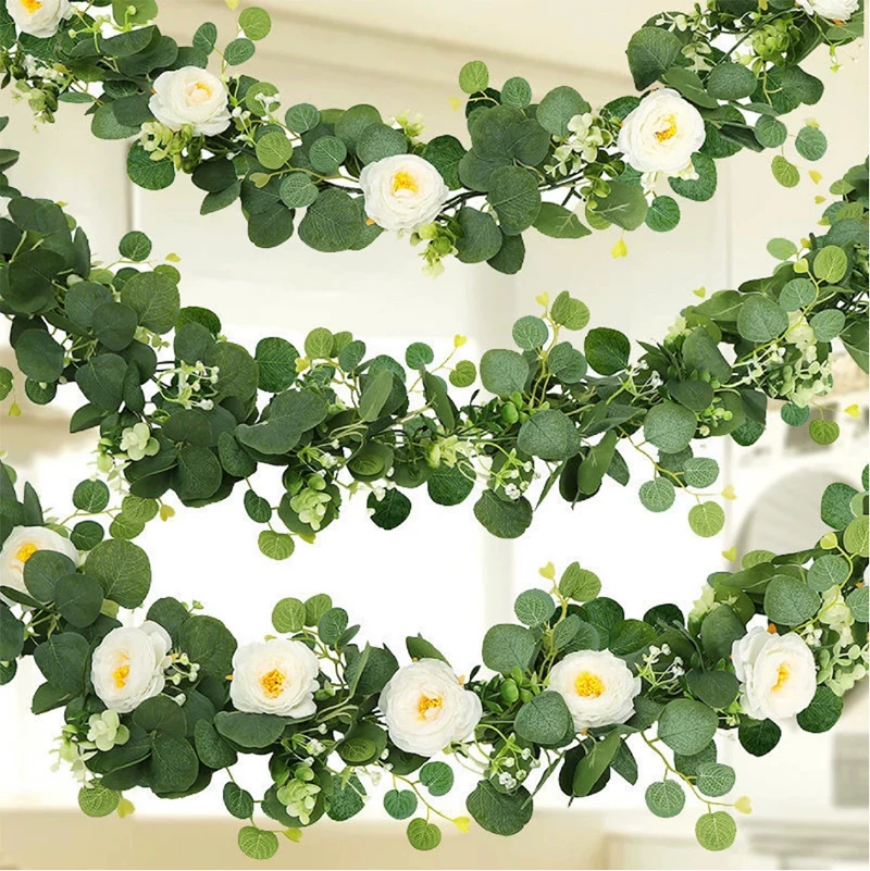 180cm Künstliche Eukalyptus-Girlande mit Weißen Blumen für Heim, Festival, Wanddekoration, Garten, Hochzeit, Hintergrund, Party-Dekor – Detail 7