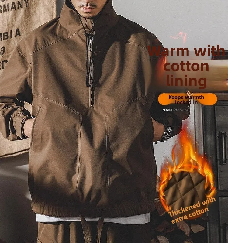 

American Retro Men's Fce Lined Loose Fit Jaet Autumn Winter Spring Cotton Coat Youth Trendy Outerwear Casual Coat