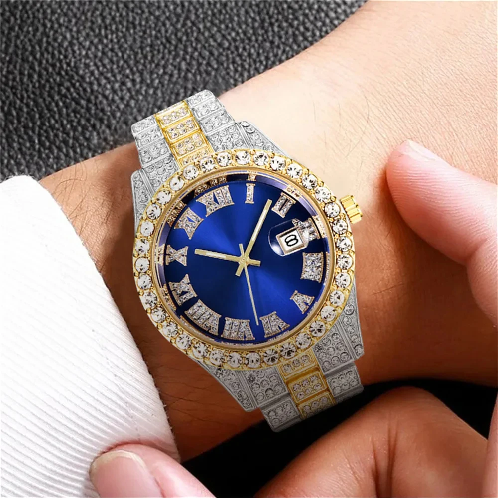 2 pçs moda luxo cheio de diamante banda aço calendário escala romana masculino banda aço relógio quartzo com corrente diamante pulseira conjunto