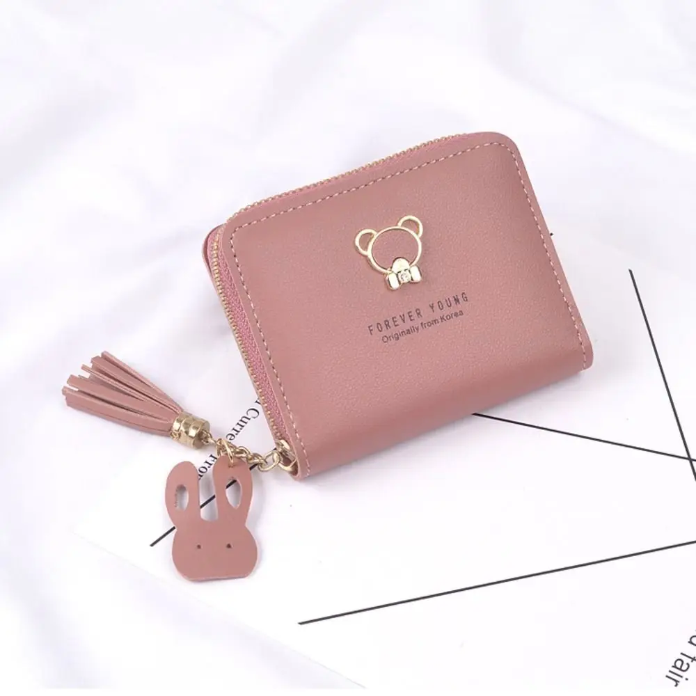 Short PU Leather Money Coin Purse with Tassel Pendant Cute Panda Credit Card Holoder Zipper Wallet Money Bag Women Girls