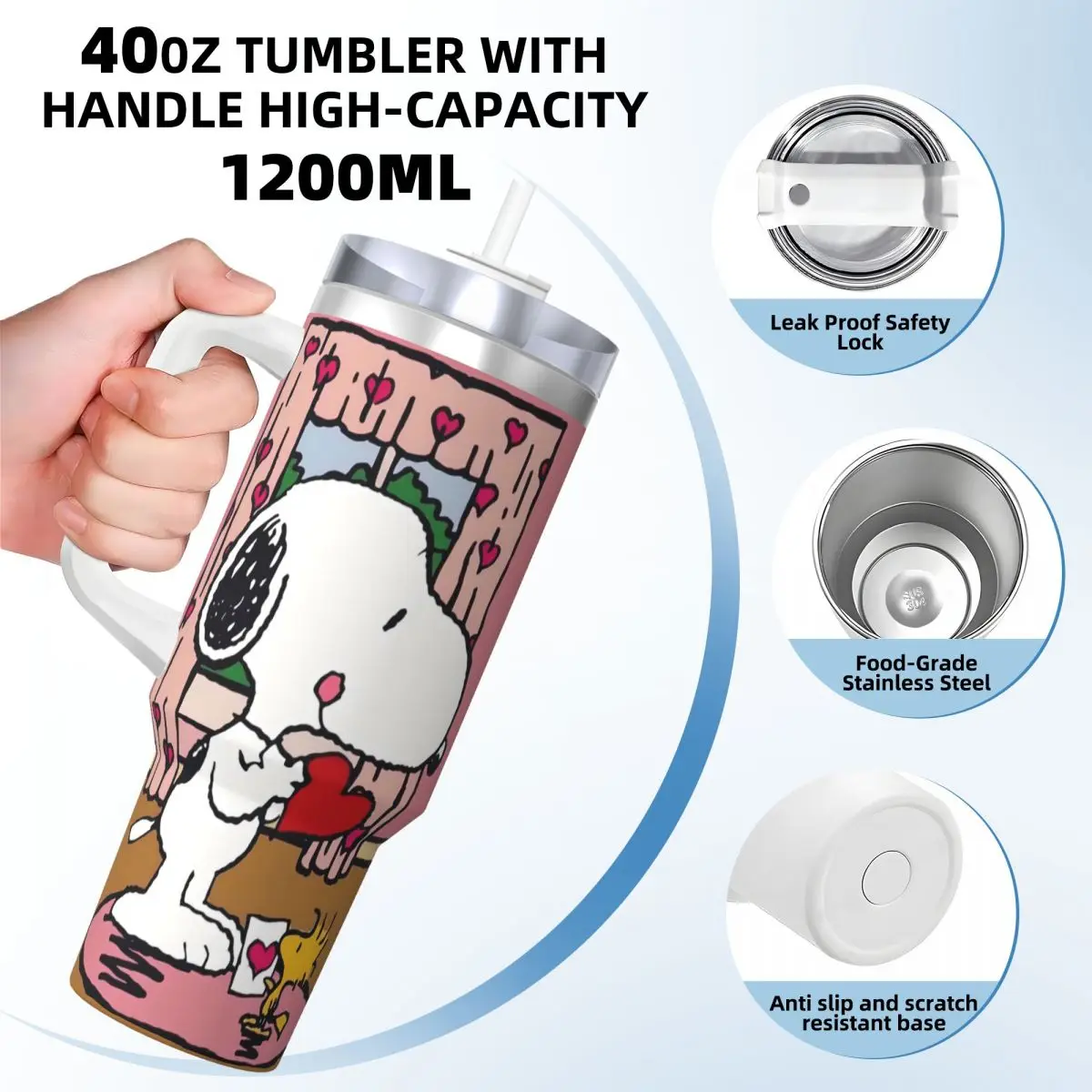 Stainless Steel Tumbler SNOOPY American Dog Car Mugs With Straws Travel Cold and Hot Water Bottle Insulated 40oz Coffee Mug