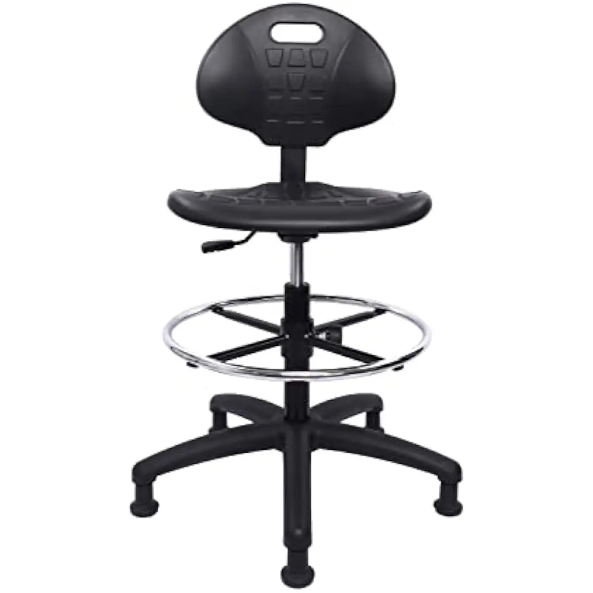 Heavy-duty ergonomic drafting stool with adjustable seat height and footring. Polyurethane upholstery resists stains, water, che