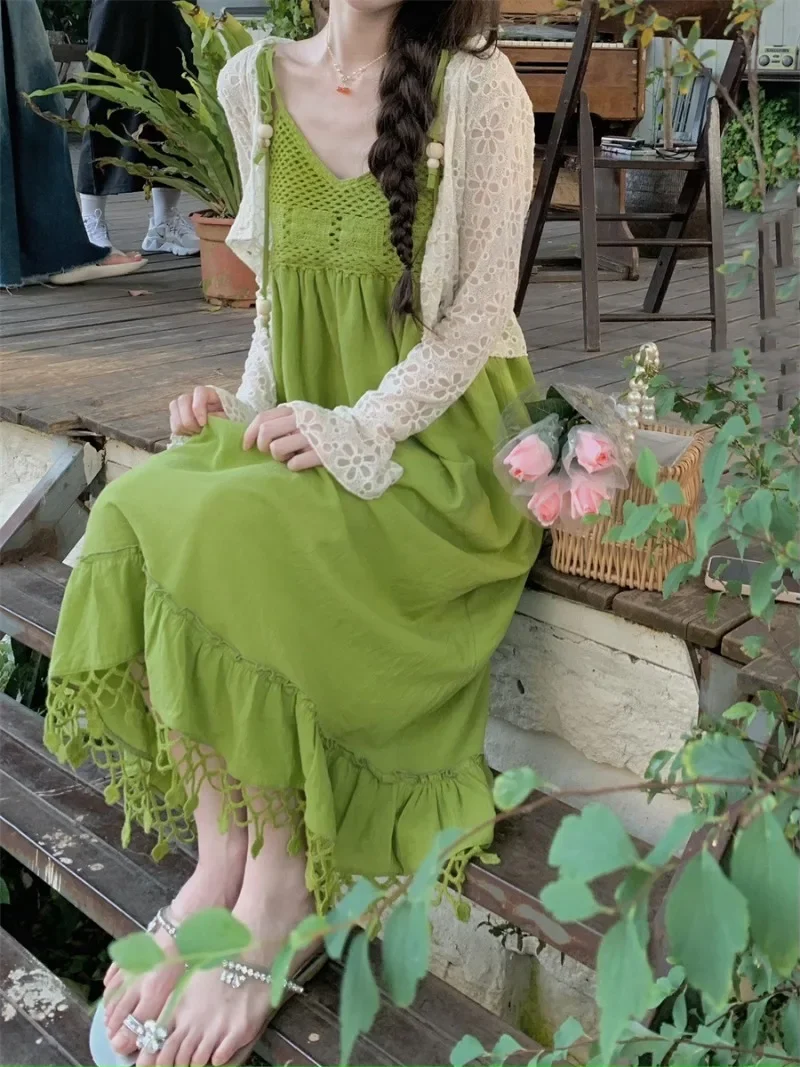 Women Summer Green Slip Dresses Chic Sweet Girl Dress New Cute V Neck Knitted Dress Cottagecore Kawaii Clothes Lolita Streetwear