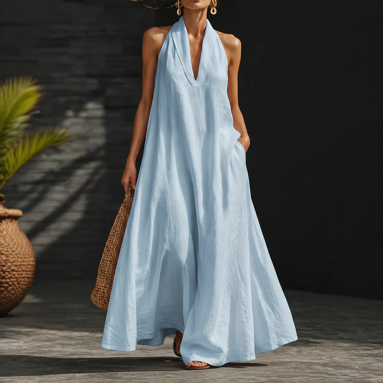 

Summer 2026 Women's Casual V-Neck Dress Pure Color Comfortable Fit Casual Wear for Women