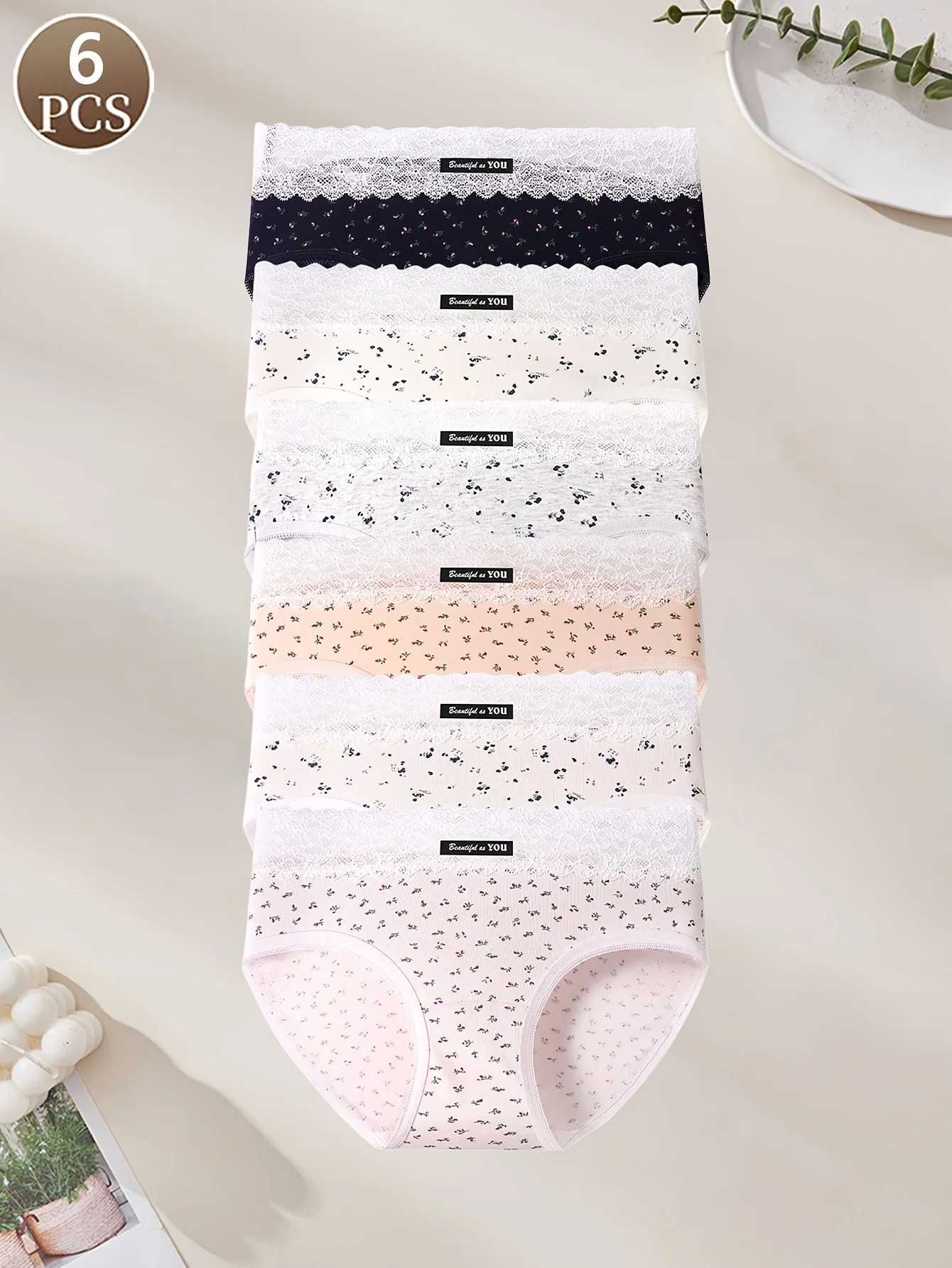 6-piece lace patchwork floral letter cotton women's underwear for sports, yoga, daily comfort and seamless women's briefs