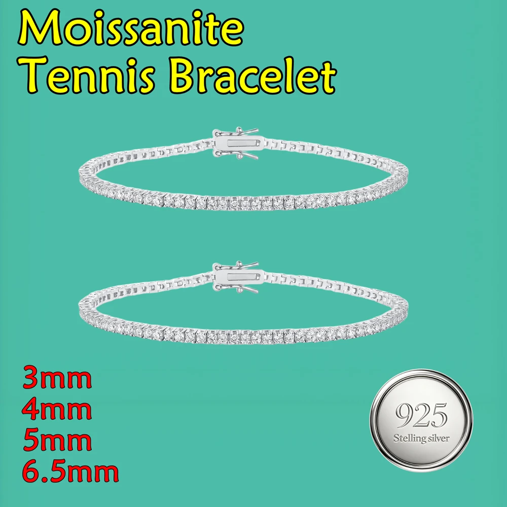 3mm4mm5mm6.5mm Hip Hop Bling D Color VVS1 MoissaniteTennis Bracelet For Women S925 Sterling Silver Tennis Bracelet Men