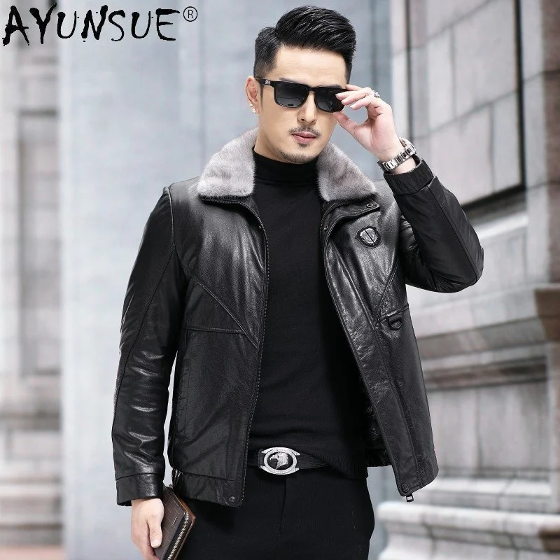 

Genuine Leather Jacket Men Cowhide Calfskin Goose Down Liner Jackets Man Mink Fur Collar Real Coats Winter Coat 2024 New