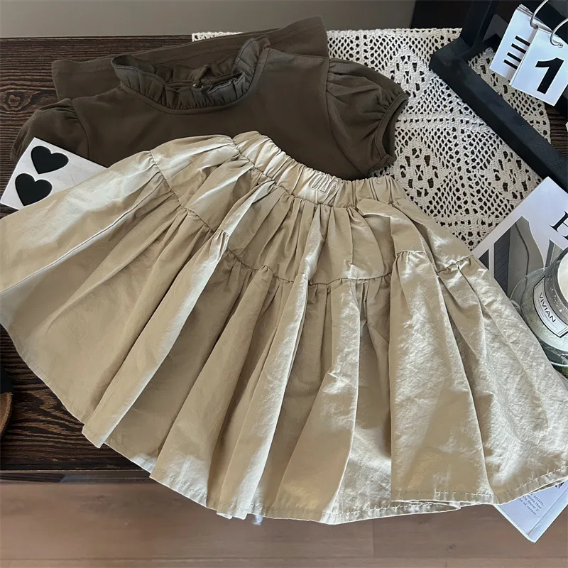 Girl Skirts Korean Style Children Wear 2024 New Girls Spring and Summer Girls Fashion Brown Princess Half Pleated Skirt Dress