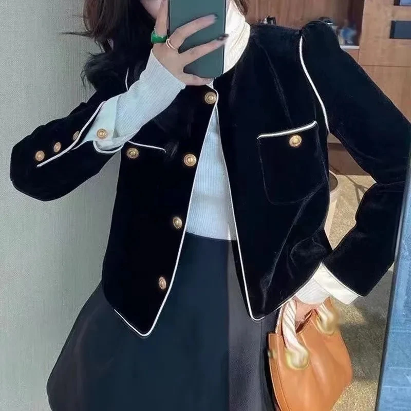 Spring Autumn New Leisure Fashion Temperament Women\'s Velvet Suit Coat 2023 Black Blazers