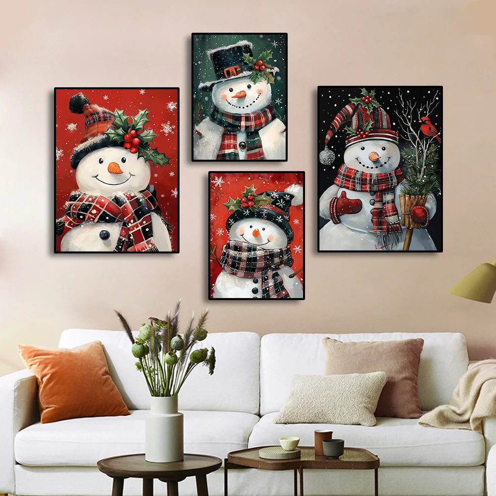 Pintura en lienzo de muñeco de nieve, imagen estética de Feliz Navidad, carteles artísticos de pared impresos, decoración para el hogar y la sala de estar, regalo de Navidad