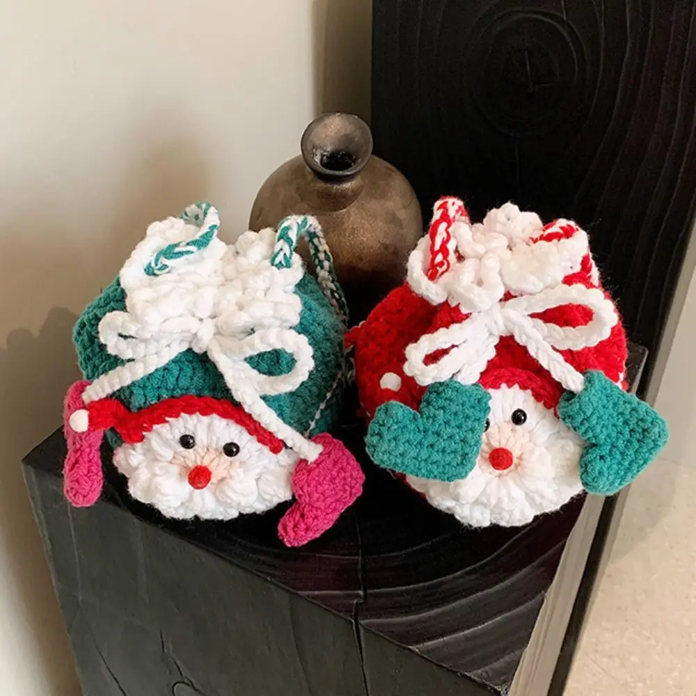 

Soft Bow Xmas Candy Bag Santa Claus Woven Father Christmas Bag Kriss Kringle Cross Body Knitting Drawstring Bag Party