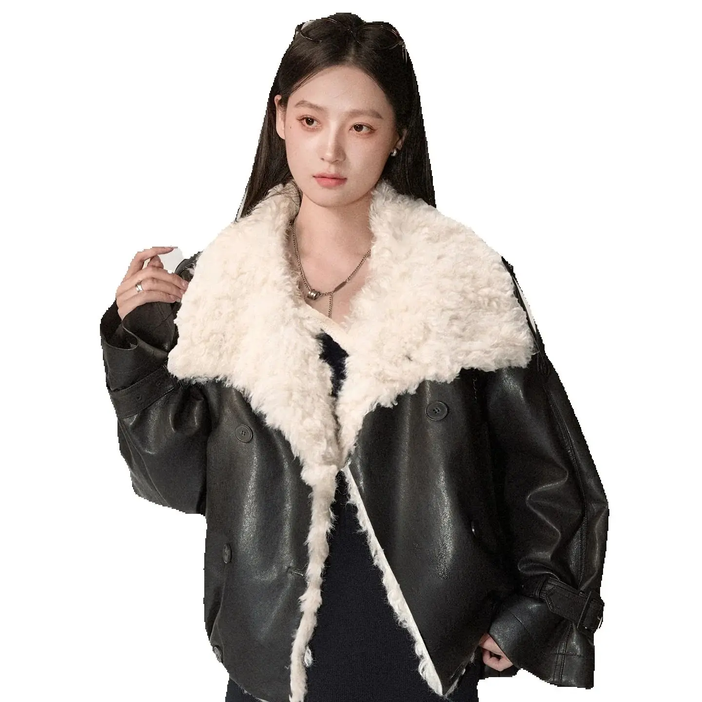 

Цельное женское пальто из овечьей кожи и меха, новый стиль зимы 2025 года, свободная утолщенная кожаная куртка, экологически чистый меховой топ с лацканами