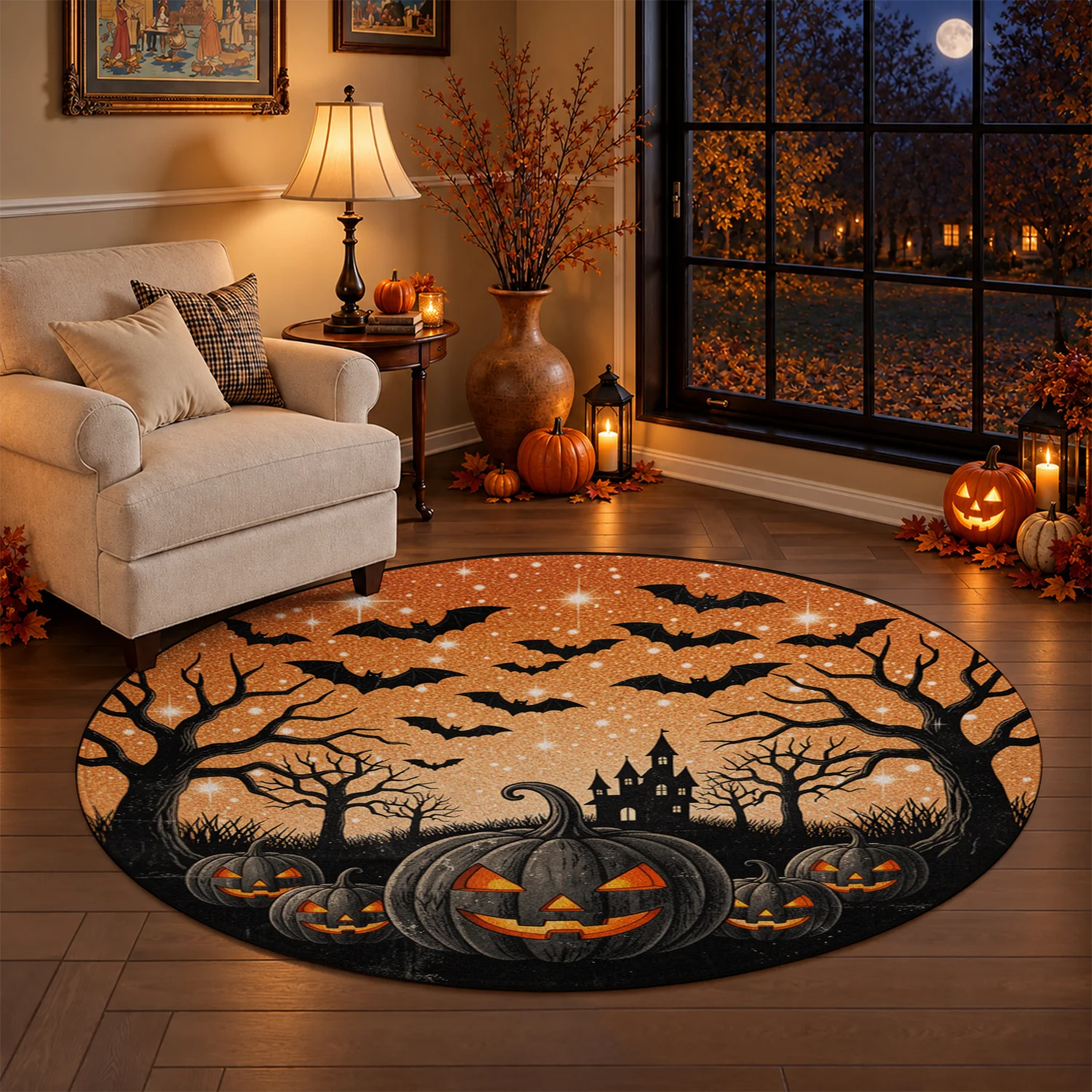 Halloween Jack-o-Lantern Bat Haunted Castle Print Round Velvet Rug, Machine Washable, Durable, Suitable for Living Room, Bedroom, Entryway, Patio, Perfect for Halloween, Thanksgiving, Christmas, New Year, Black Friday, Cyber Monday Decoration