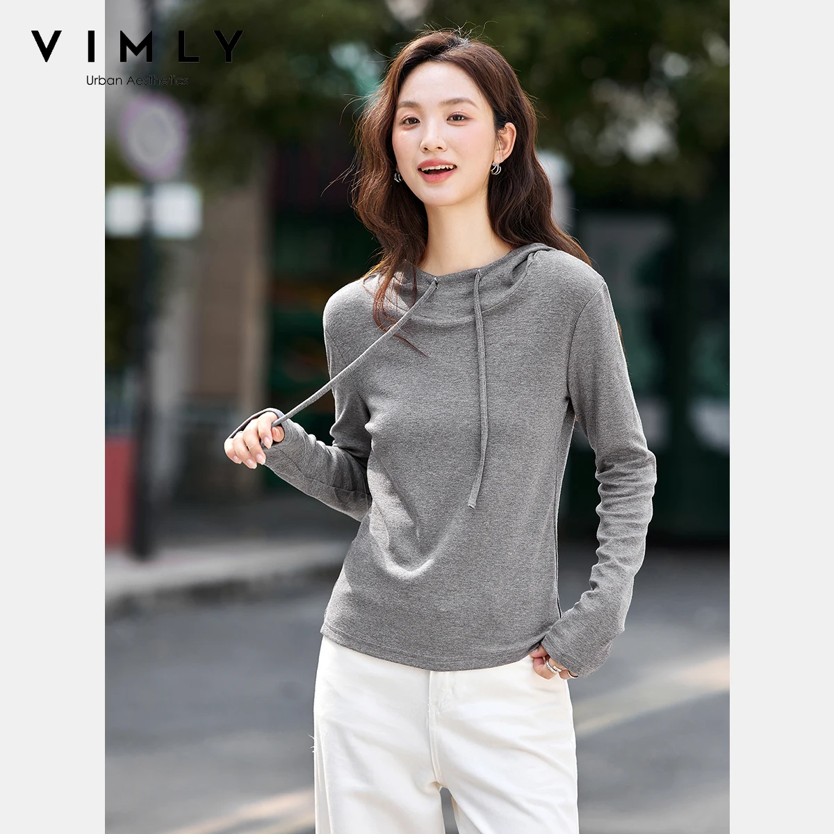 

VIMLY Women Grey Hooded T-shirts Casual Long Sleeve Mandarin Collar Tops Ladies Autumn 2025 Shirring Knitted Female Tops A2139