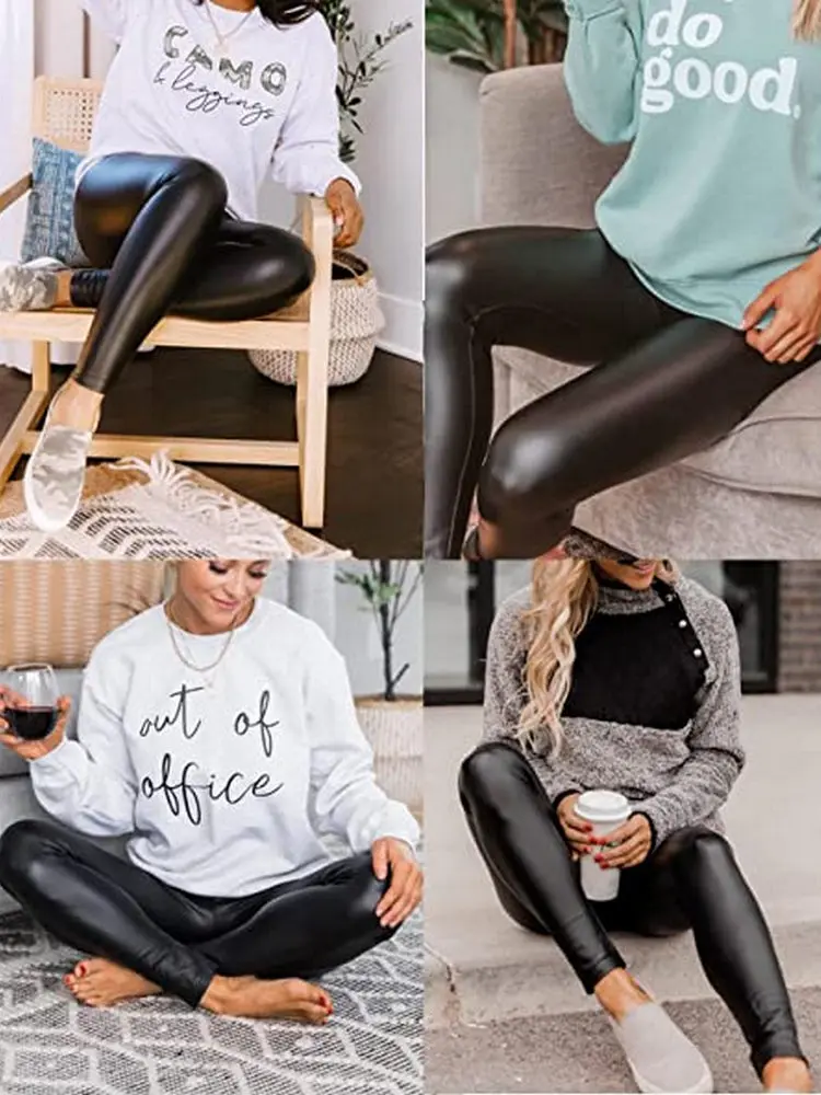 Women Faux Leather Leggings Butt Lift Spandex Plus Size Leggings High Waisted Stretch Pants Black Leggings