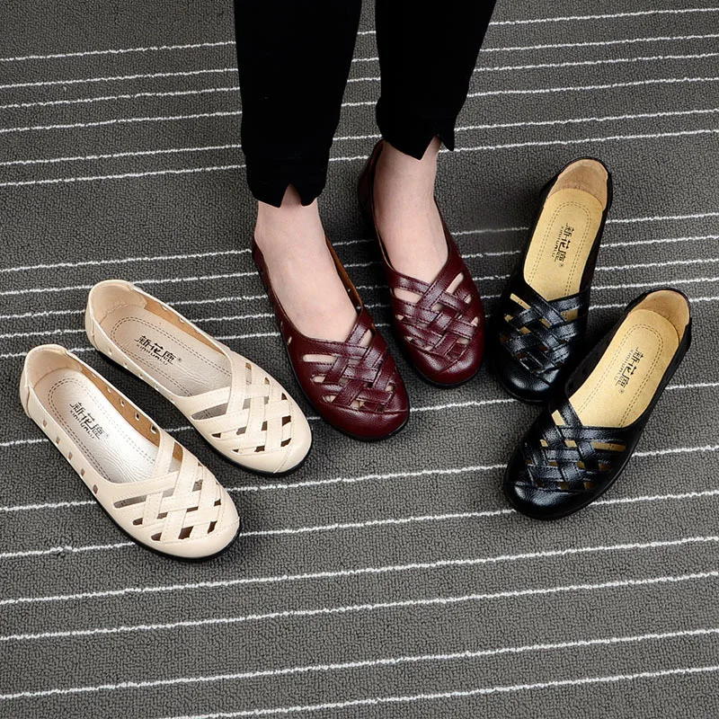 Comemore Female Shoes Summer 2023 New Leather Flat Woman Loafers Casual Soft Bottom Sandals Elderly Moccasin 41 Breathable Flats