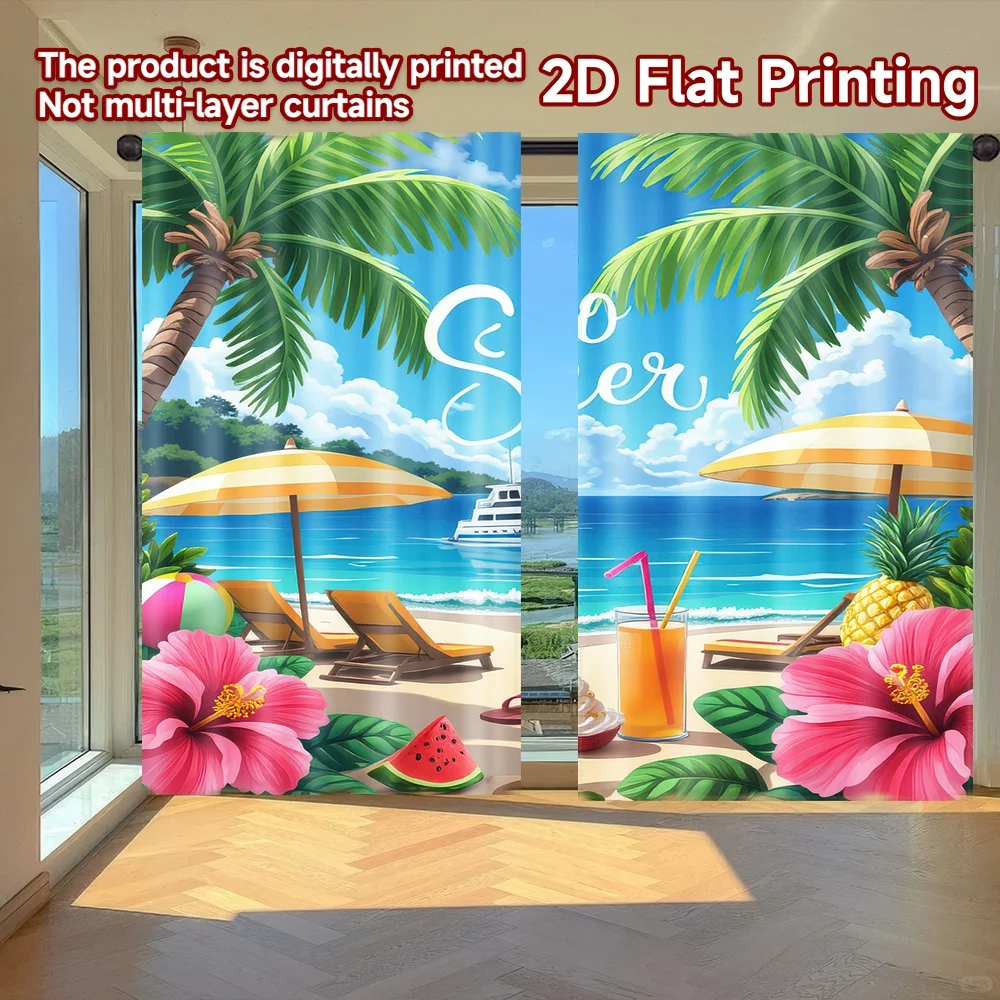 

2D flat printing 2pcs Window Drapes Summer Beach Paradise Digital Printed Polyester Drapes Holiday Decorations for Outdoor