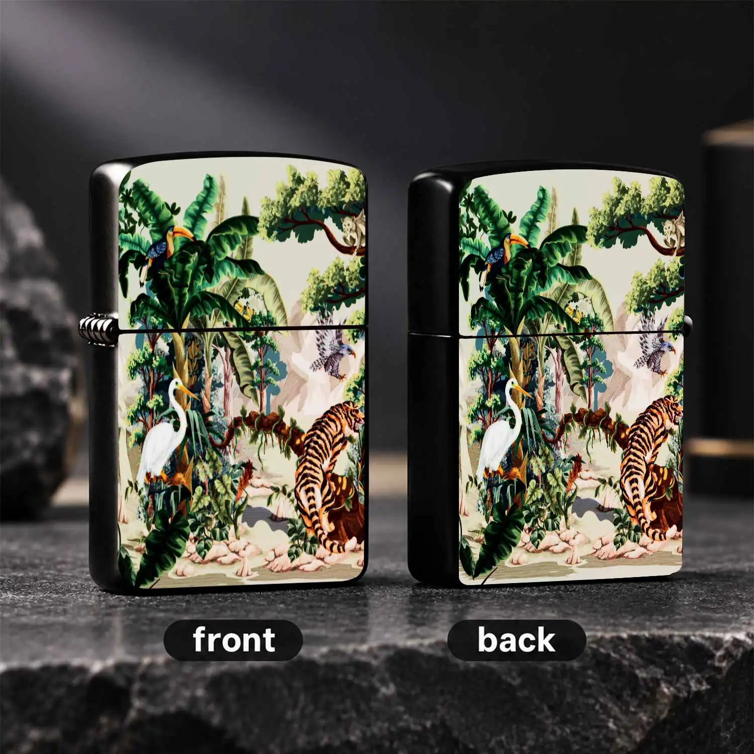 Vibrant Tropical Jungle Pattern Lighter, Exotic Rainforest Animals Art Print Decorative Lighter, Portable Stylish Lighter For Outdoor Camping, Home Candle Incense Use, Unique Thoughtful Gift For Family Friends Art Lover A Humorous And Inter