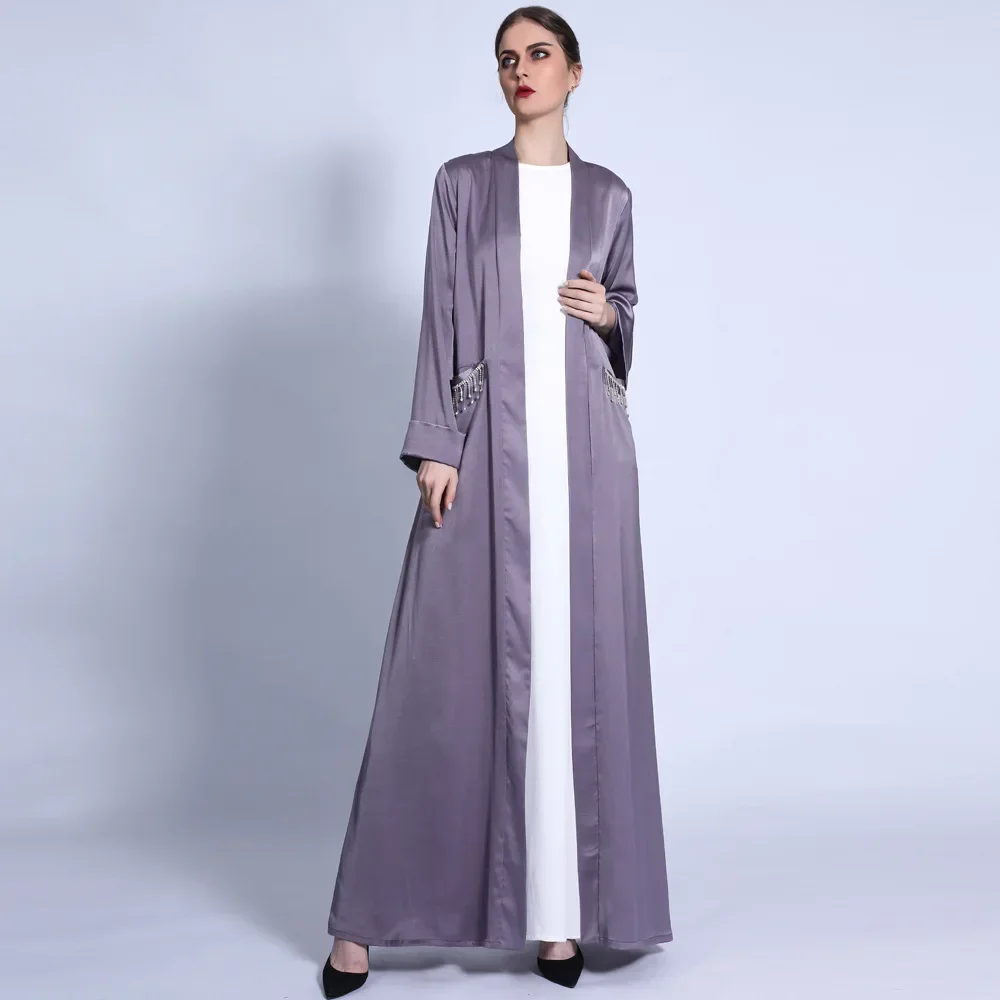 Robe à lacets pour femmes, couleur unie, poignets larges, pompon, poche en diamant, vêtements islamiques, dubaï, Robe saoudienne, Cardigan en Satin, Abaya musulmane