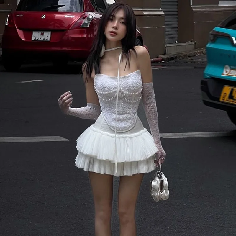 Candyhot-minifalda sin mangas con cuello oblicuo para mujer, minifalda Sexy a la moda con hombros descubiertos, ropa de fiesta informal lisa, conjunto estético de 2 piezas
