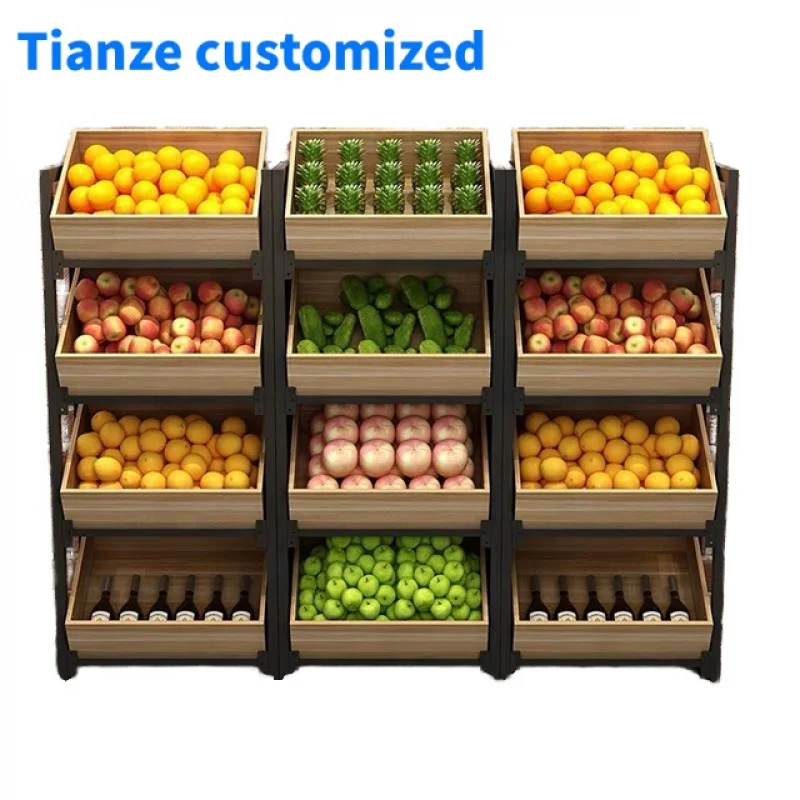 (customized)Supermarket Heavy Duty 4-Layer Wooden Display Rack Metallic Stand Fruits and Vegetables OEM Supplier