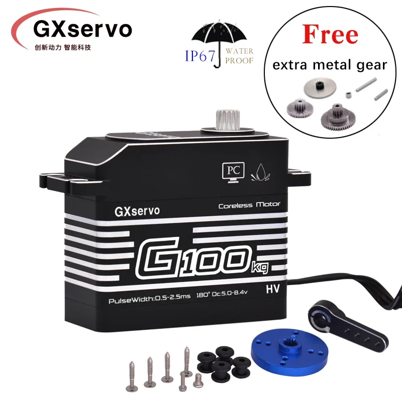 

GXservo 100KG Large Torque High Voltage CNC Aluminium Shell Metal Gear Coreless Waterproof 1/5 Car Boat Drone Models Scale Giant