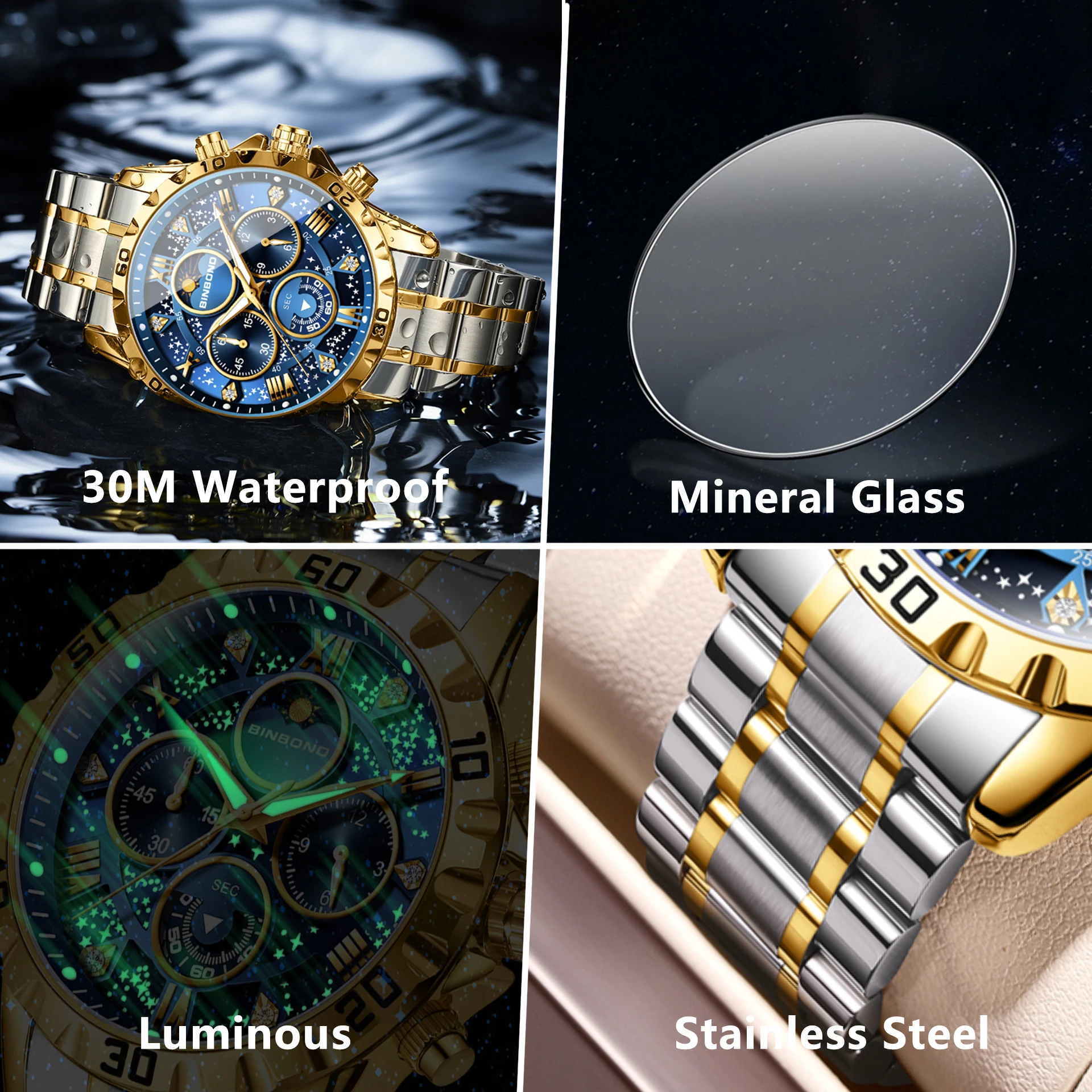 BINBOND ساعات رجالية فاخرة رياضية كوارتز ساعة معصم للرجل مقاوم للماء الفولاذ المقاوم للصدأ مضيئة كرونوغراف تاريخ القمر المرحلة