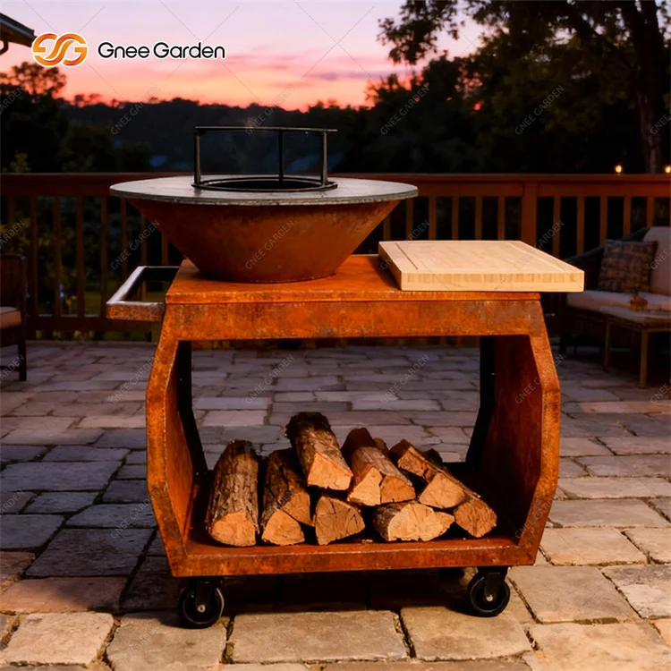 Commercial Modern Powder Coated Corten Steel Charcoal Grill with Wood Burning Function for Outdoor Use