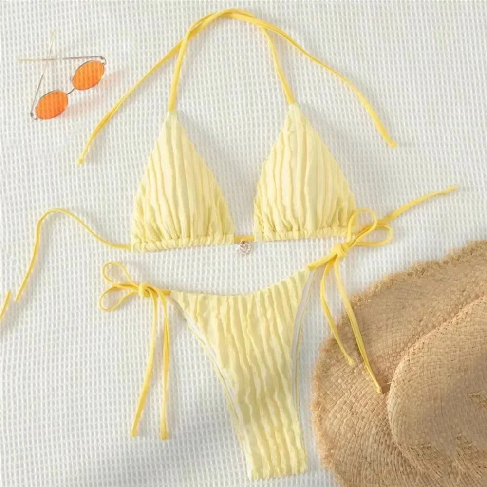 

Triangle Micro Bikini for Women Yellow String Halter Thong Sexy Swimsuit Heart Bead Swimwear Bathing Suit Mini Bikinis Sets 2025