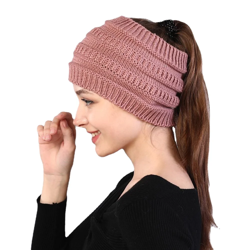 Women Hats Autumn Winter Ponytail Beanie Hat Warmer Solid Color Lady Stretch Knitted Crochet Beanies Hats Cap for Women Skullies