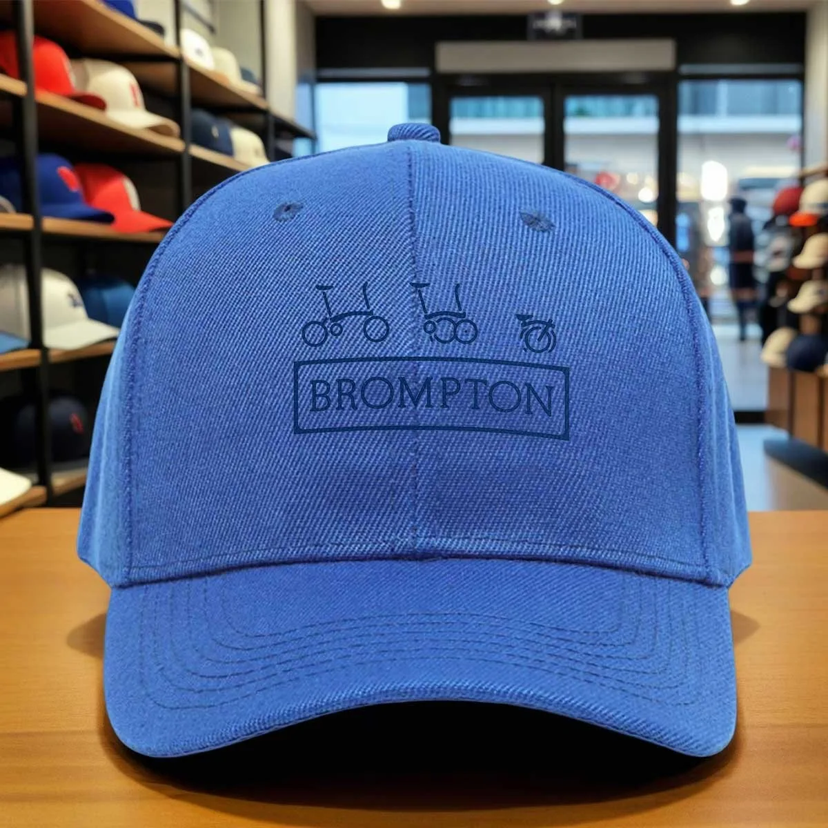 Brompton Foldable Bicycle Print Baseball Cap, Blue Design, Adjustable Hat for Bike Lovers, Urban Cyclists