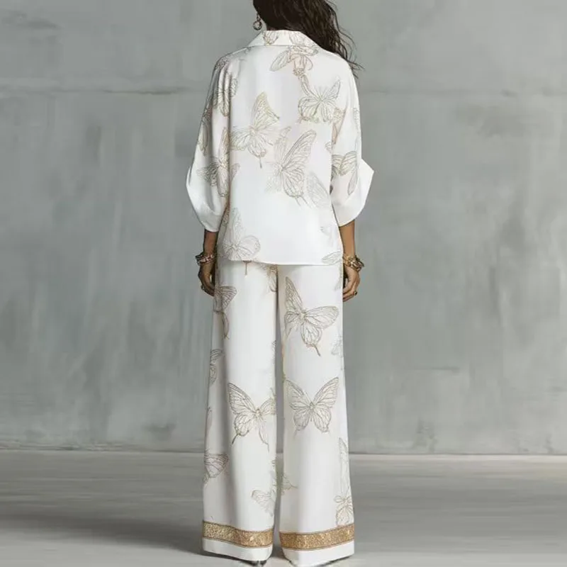 2026 Women Butterfly Print 2 Piece Outfit Shirt Wide Leg Pants Set Golden Trim Lapel Zipper Solid Trousers Holiday Matching Suit