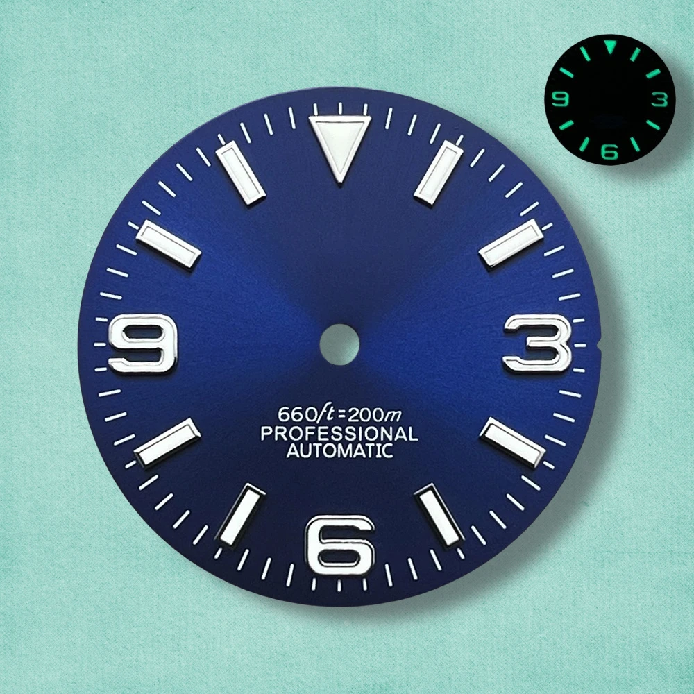 28.5mm S Logo Ex plorer Sunray Dial Fit NH35/NH36/4R/7S Movement Green Luminous Watch Modification Accessories 3/3.8/4O'clock