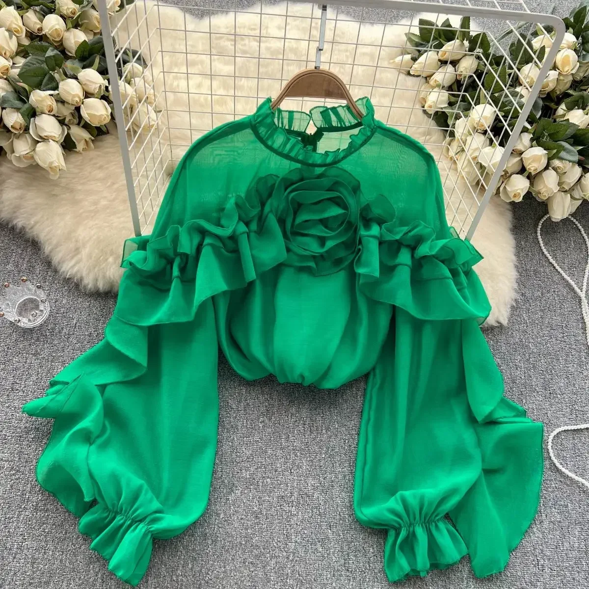 

2024 Spring Summer New Ruffle Chiffon Blouse Women Lantern Sleeve Fashion Slim Loose Vacation Ladies Casual Chic Tops