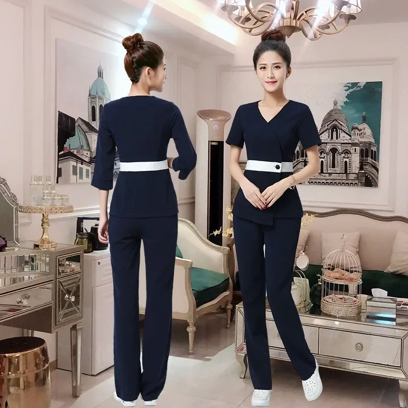 Cotton and Linen Chinese Style Set Beautician Work Uniform Female Massage Foot Bath and Foot Therapy Technician Uniform S-4XL