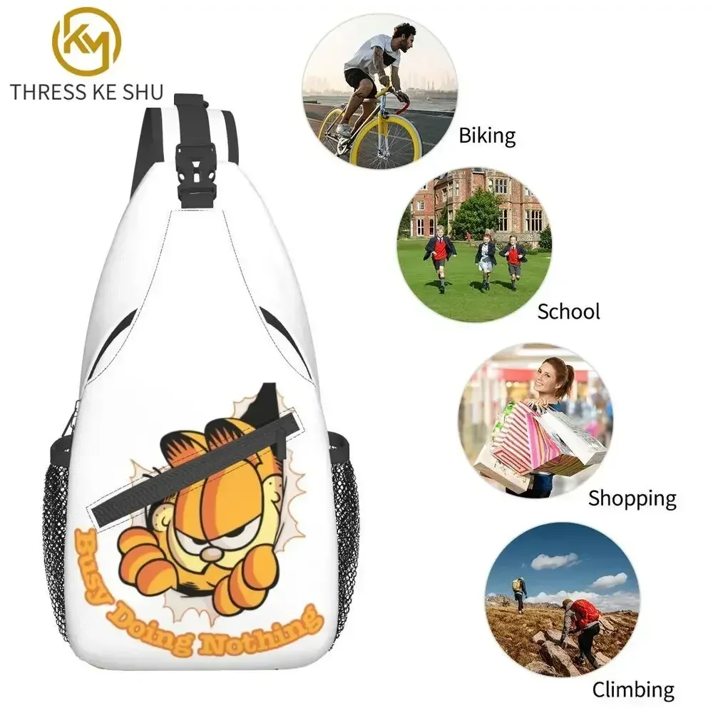 Busy Doing Nothing Garfields Sling Crossbody Backpack Men Custom Funny Cat Chest Shoulder Bag for Travel Hiking Daypack