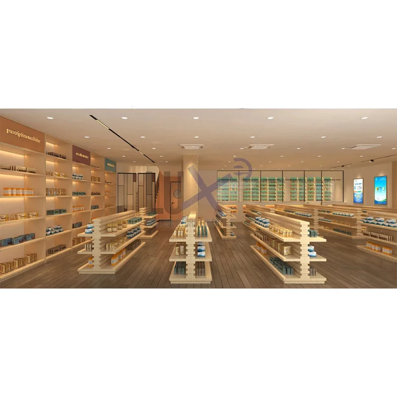 custom.Design Modern Style Custom Pharmacy Counter Simple Texture Design Pharmacy Display Stand