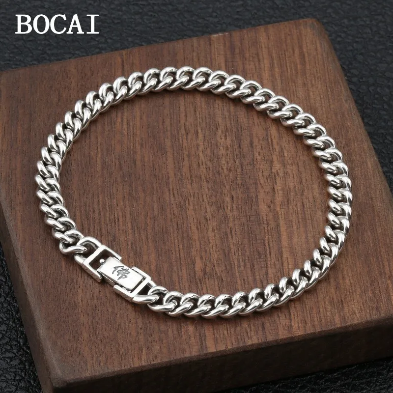 

BOCAI New 6mm S925 Sterling Silver Retro Minimalist Buddha Character Six Character Mantra Glossy Bracelet for Men