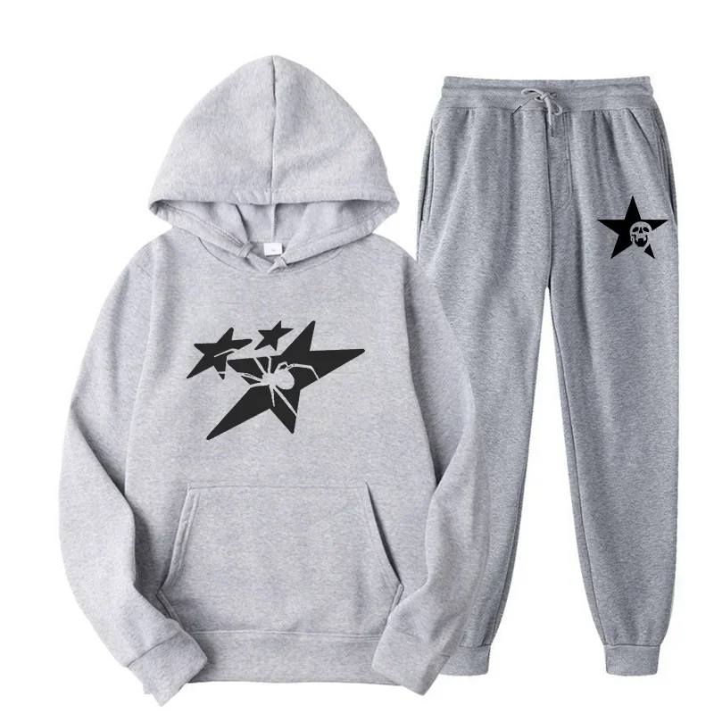 Spider Star Pattern Hoodie Sets Men Women 2024 Spring Autumn New Design High Street Hip Hop Style Oversized Hooded+Pants Sets