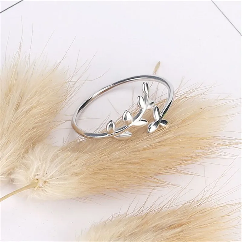 New Simple Literature Art Olive Leaf 925 Sterling Silver Jewelry Fashion Branch Personality Opening Rings  R217