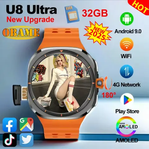 새로운 U8 울트라 AMOLED 안드로이드 9.0 스마트 시계 남자 양 4G 5G SIM 카드 WiFi GPS 나침반 32GB Smartwatch 회전 카메라 스포츠 시계