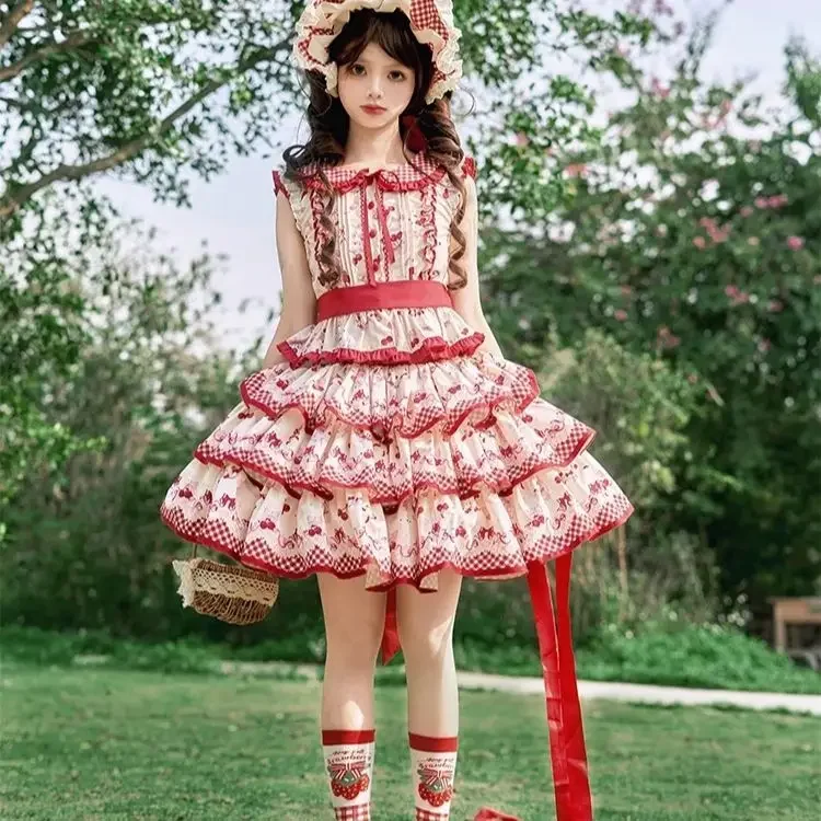 

NONSAR Cherry Ripe Lolita Mini Skirt Set Women Cute Sweetheart Cherry Printed Red Cake Skirt + Y2k Doll Collar Sleeveless Top