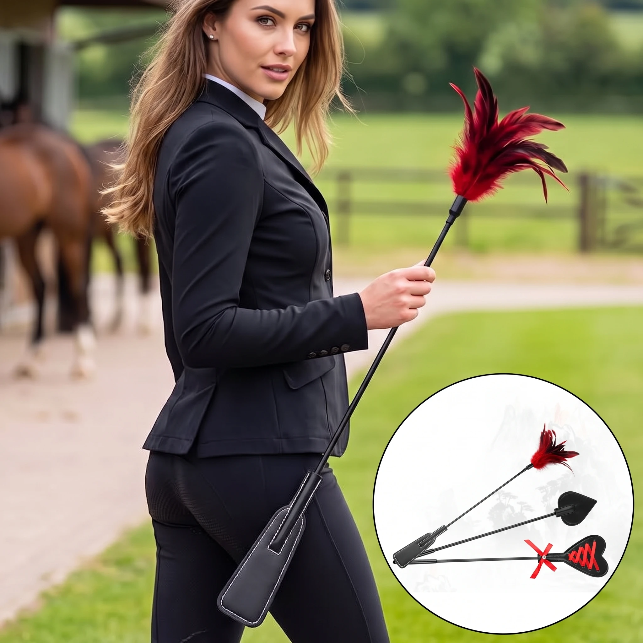 Riding Crop Dressage - Pagaies en cuir PU à plumes,