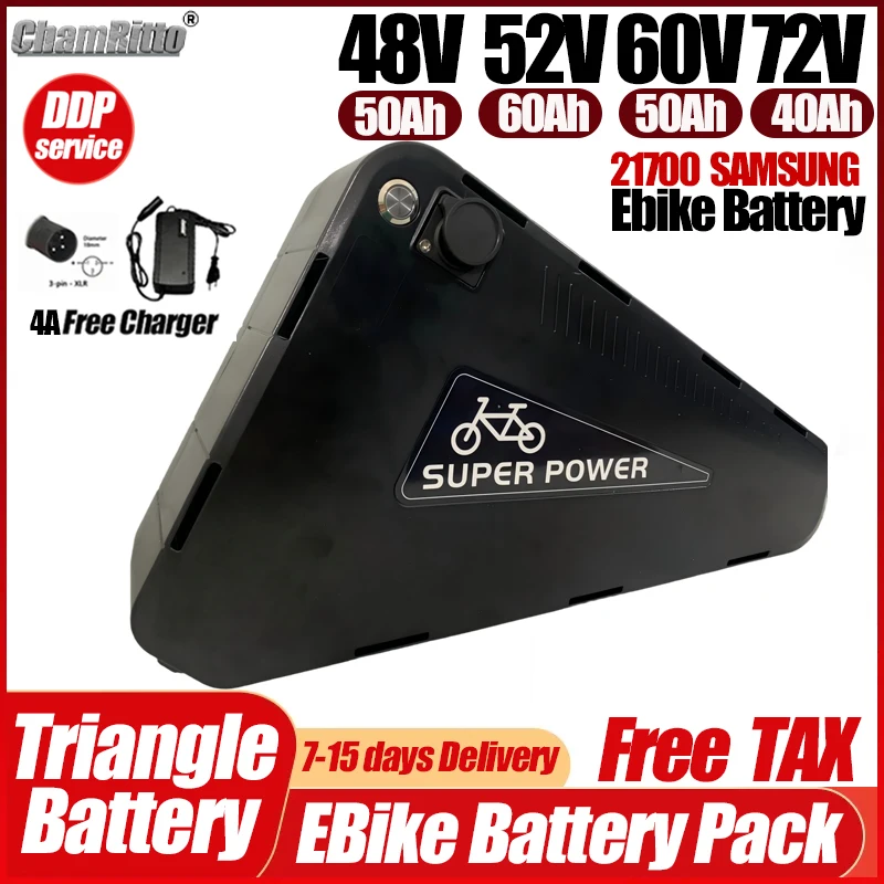 Ebike Elektrische fiets batterij 36V 48V 52V Driehoekige Accu 60V 72V 30ah 40ah 50ah 60ah 21700 Lithium Akku 84V3000W High-Power
