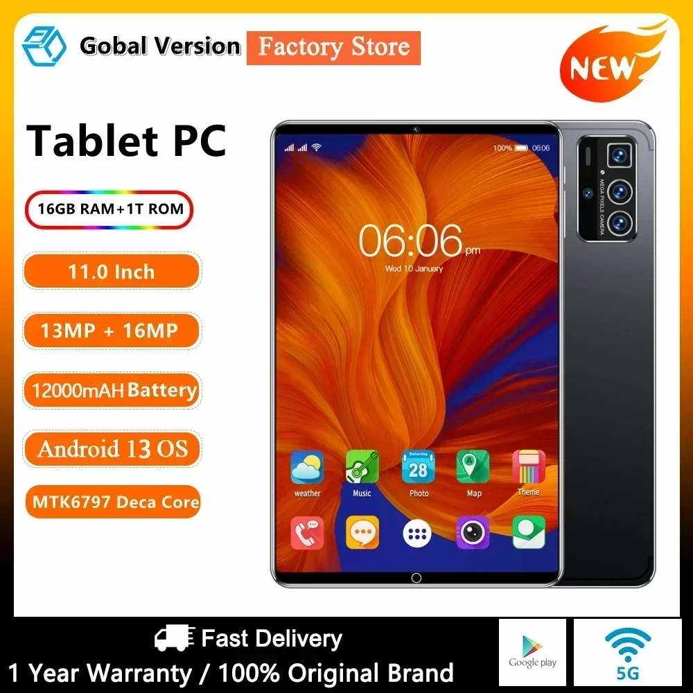 2024 Global Version Pro 14 Tablet 11Inch 4K Android13 12000mAh MTK6797 16GB+1024GB 5G Dual SIM WIFIGPS Bluetooth Original Tablet