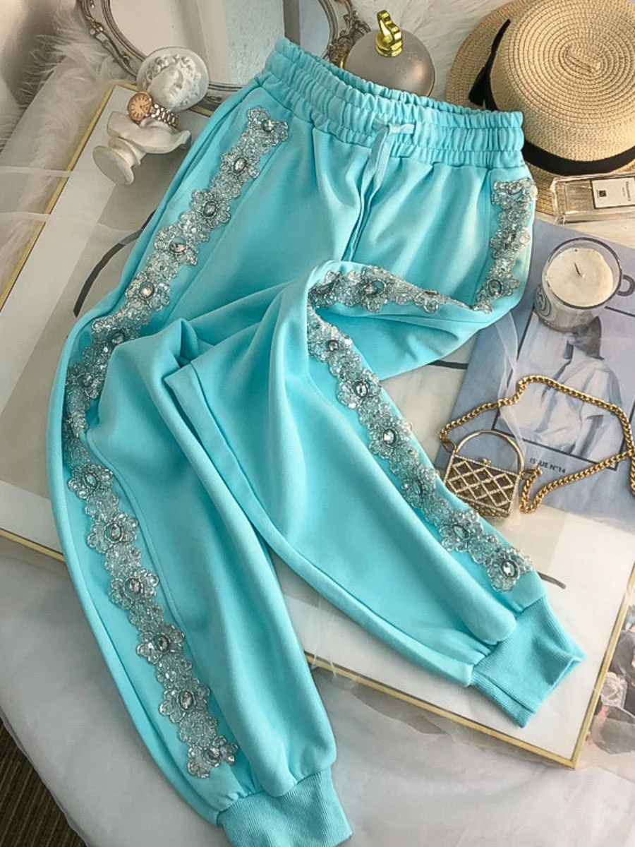 Exquisite New Arrival Rhinestone Sweet Pink Casual Women Spring Summer High Waist Sweatpants Loose Tappered Harem Pants