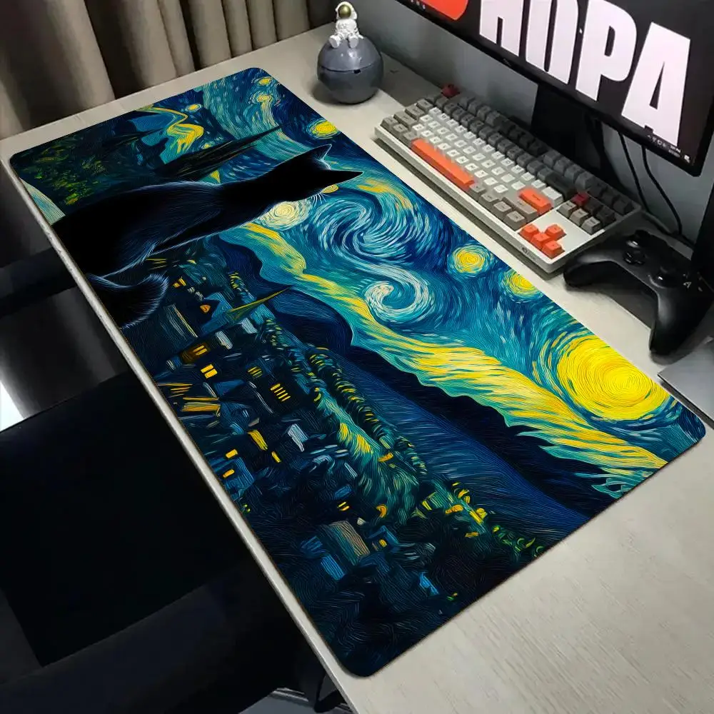 

Коврик для мыши с изображением черной кошки, любующейся луной, с прошитыми краями, нескользящий, игровой коврик, аксессуары для ПК, коврик для клавиатуры, коврик для стола, коврик для мыши