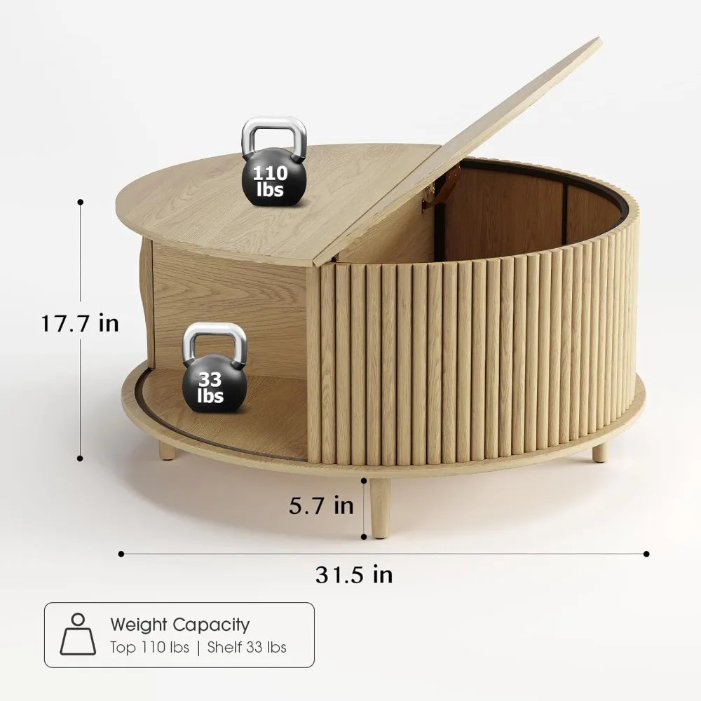 Compact Storage Coffee Table with Sliding Door, 31.5 Diameter, Ideal for Small Living Rooms, Home Decor, Space-Saving Center Tab